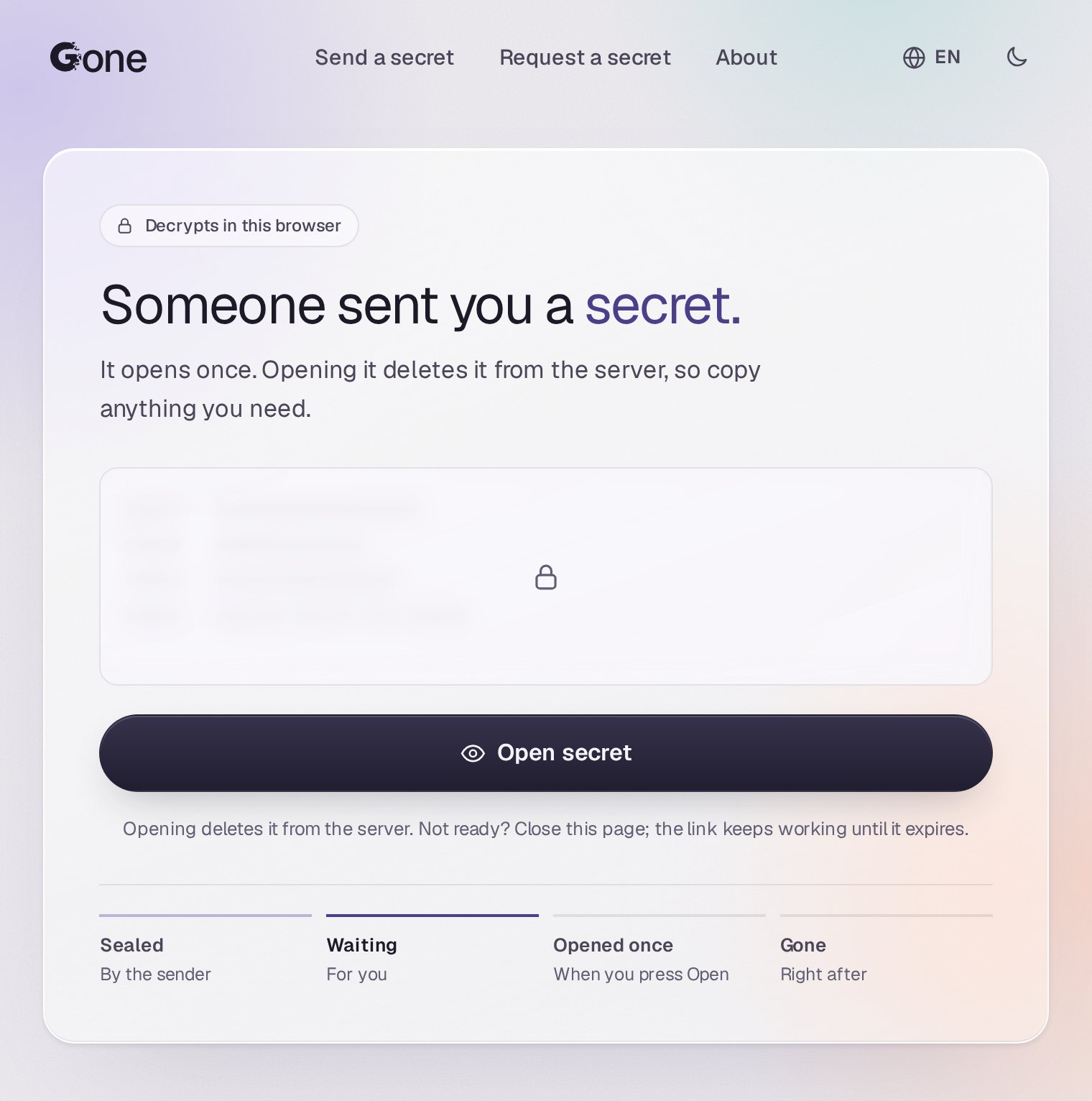 Gone's Open page, the secret waiting behind frosted glass until the recipient presses Open